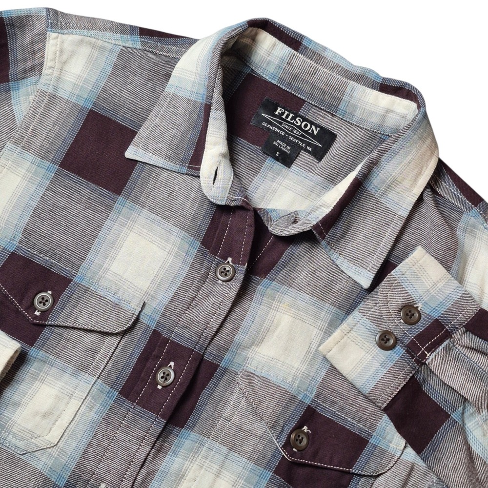 Filson Womens S Plaid Flannel Shirt Blue Brown Cotton Button Up Workwear